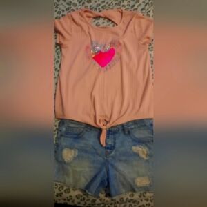 Pink Heart Top and Blue Denim Shorts Set For Girl